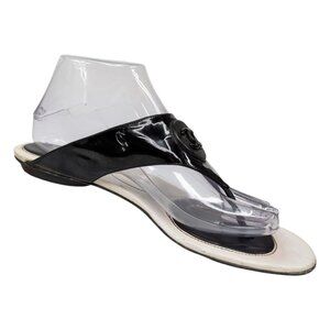 CHANEL Thong Sandals Womens Black White Leather Slip On EU 39.5 US 9